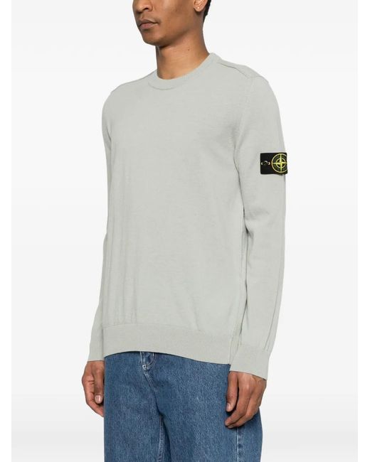Stone Island White Crewneck Jumper With Rolled Edges for men