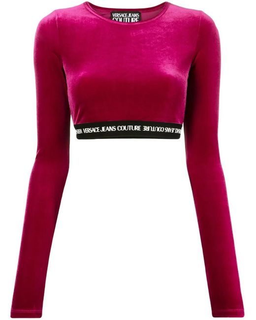 Versace Jeans Couture Red Logo-Waistband Cropped Velvet Top
