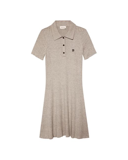 Calvin Klein Natural Ribbed-Knit Polo Mini Dress