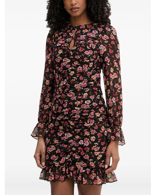 Morgan Black Floral-Print Ruched Mini Dress