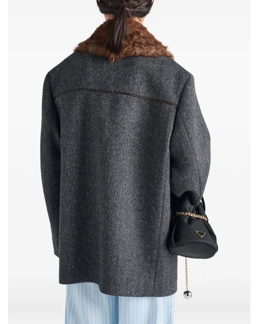 Prada Gray Herringbone Shearling-Collar Double-Breasted Coat