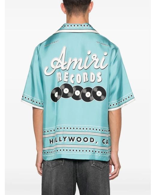 Amiri Blue Record Print Short Sleeve Silk Camp Shirt for men
