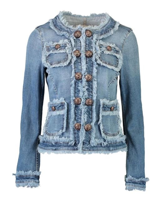 Maison Common Blue Fringed-Trim Denim Jacket