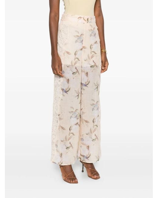 Zimmermann Natural Floral-Print Lace-Insert Trousers