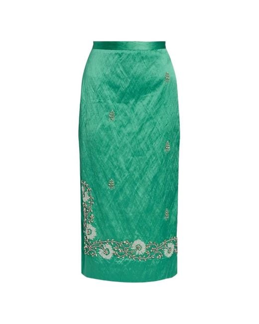 Erdem Green Floral-Embroidered Midi Skirt