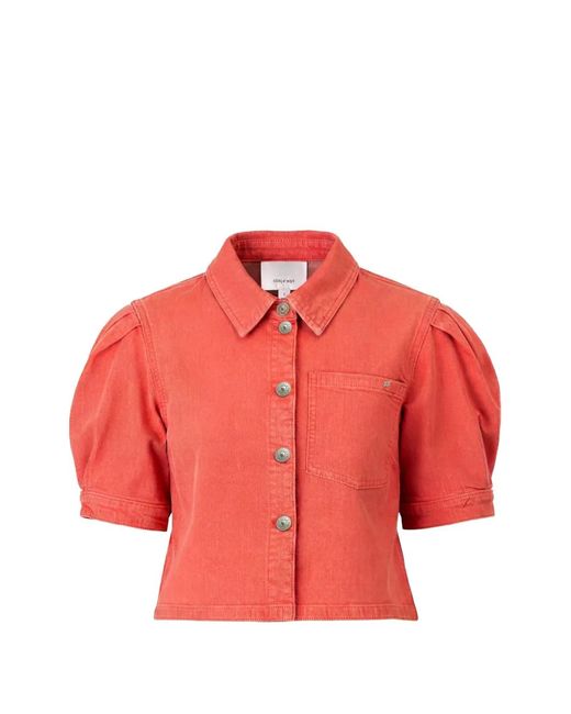 Cinq À Sept Red Puff-Sleeve Denim Top