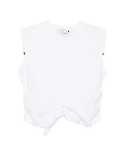 Elisabetta Franchi White Knot-Detail Padded-Shoulder T-Shirt