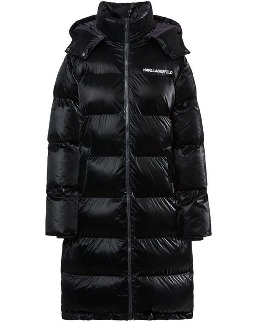 Karl Lagerfeld Black Embroidered-logo Quilted Coat