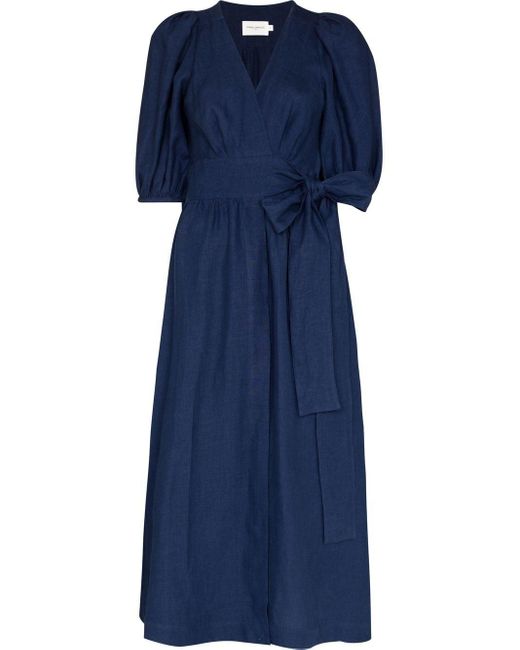 Three Graces London Linen Fiona Puff-sleeve Dress in Blue | Lyst