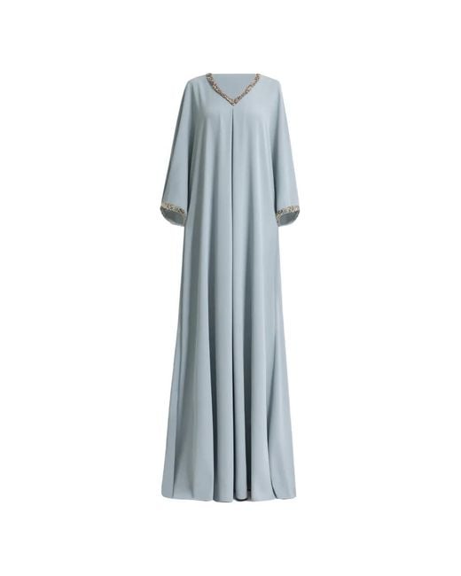 Gemy Maalouf Blue Beaded V-Neckline Maxi Kaftan