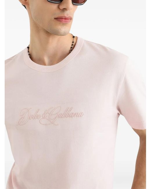 Dolce & Gabbana Pink Cotton T-Shirt With Dg Embroidery for men