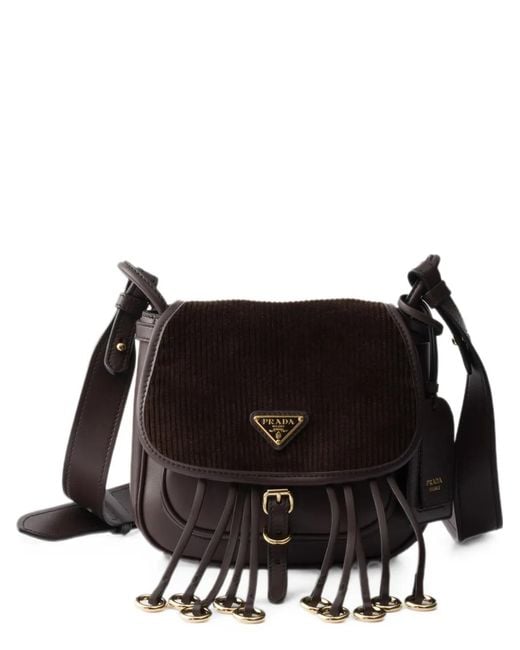 Prada Black Corsaire Corduroy And Leather Mini Shoulder Bag