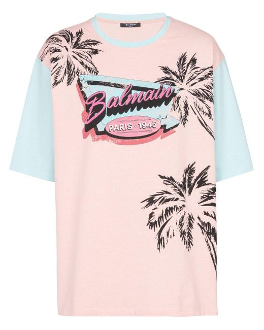 メンズ Balmain Miami プリント Tシャツ Pink