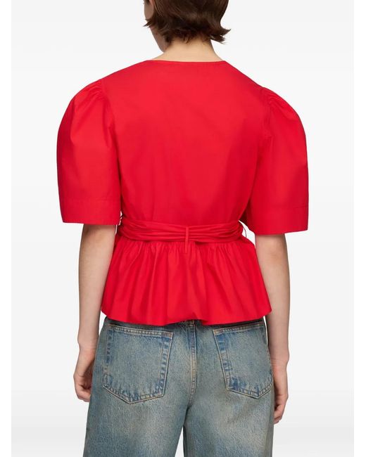 Ganni Red Bow-Detail Peplum-Hem Blouse