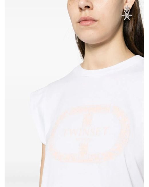 Twinset White Embroidered-Logo Sleeveless T-Shirt