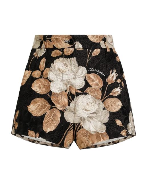 Dolce & Gabbana Black Rose-Print Brocade Shorts