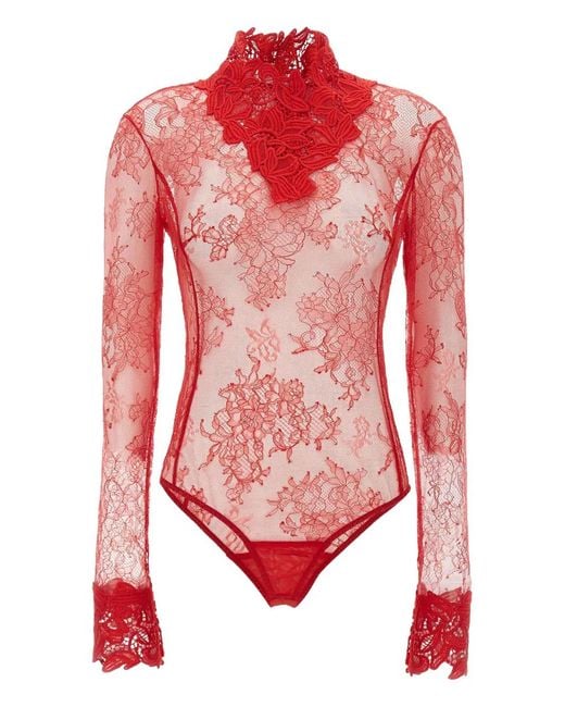 Blumarine Red Floral-Lace High-Neck Bodysuit
