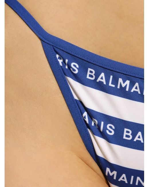Balmain Blue Striped Logo-Print Bikini