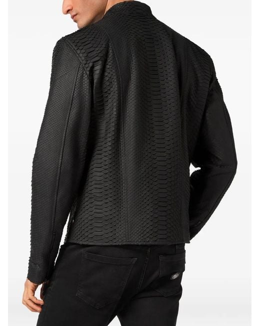 Philipp Plein Moto Leren Jack Met Pythonprint in het Black voor heren