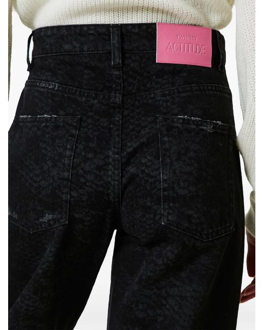 Twinset Blue Distressed Snake-Print Wide-Leg Denim