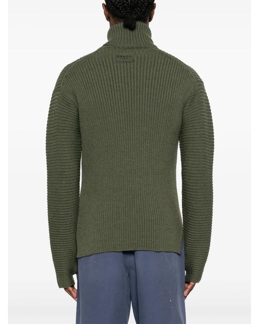 KENZO Green Roll-Neck Ribbed-Knit Jumper for men