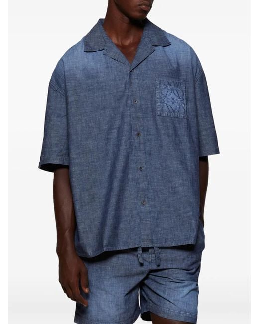 Loewe Blue Embroidered-Pocket Short-Sleeve Shirt for men