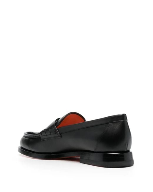 Santoni Black Flat Leather Loafers