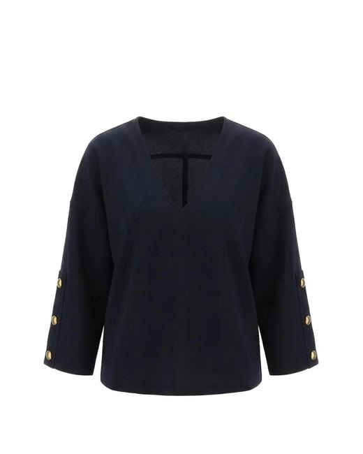 Max Mara Blue Button-Detail V-Neck Top