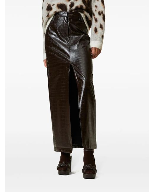 Twinset Black Crocodile-Embossed Maxi Skirt
