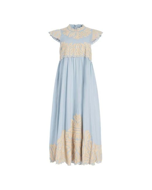 Sea Blue Alexandra Embroidery Cap-Sleeve Midi Dress