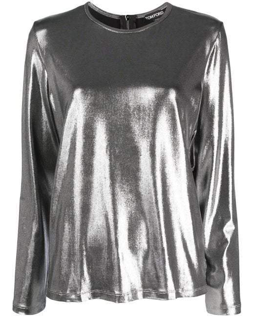 Tom Ford Gray Metallic Laminated Long-Sleeve Top