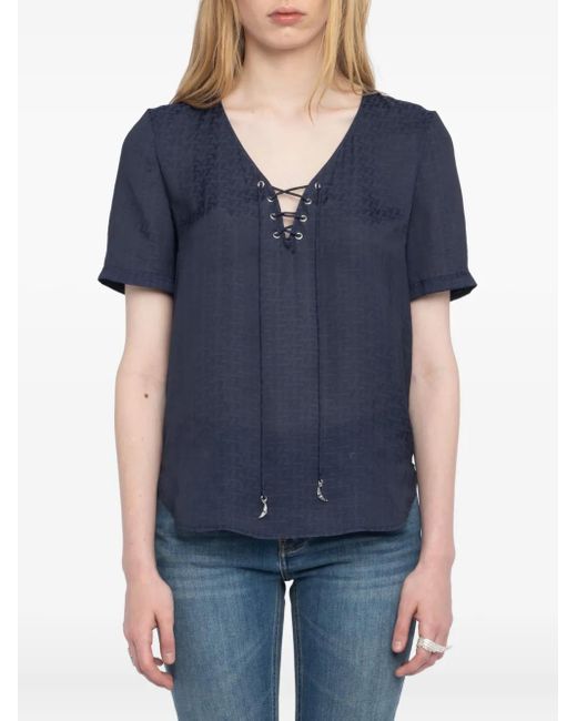 Zadig & Voltaire Blue Lace-Up V-Neck T-Shirt