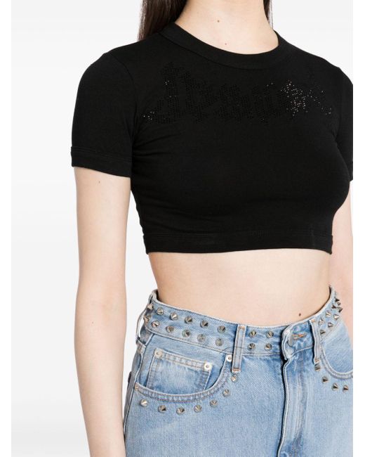 we11done Black Cropped-Top mit Strass