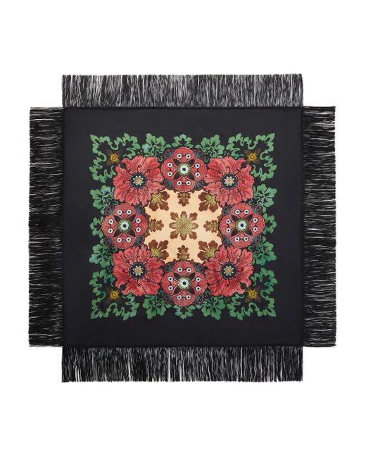 LaDoubleJ Black Reversible Floral-Print Fringe Scarf