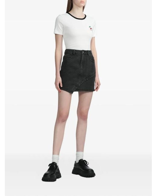 B+ AB White Cherry-Embroidered Ribbed Top