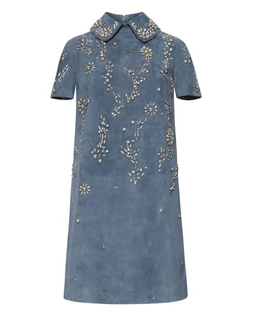Vestido con cuello bordado Oscar de la Renta de color Blue