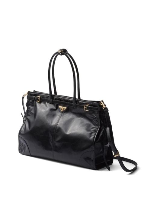 Prada Black Triangle Logo Leather Tote Bag