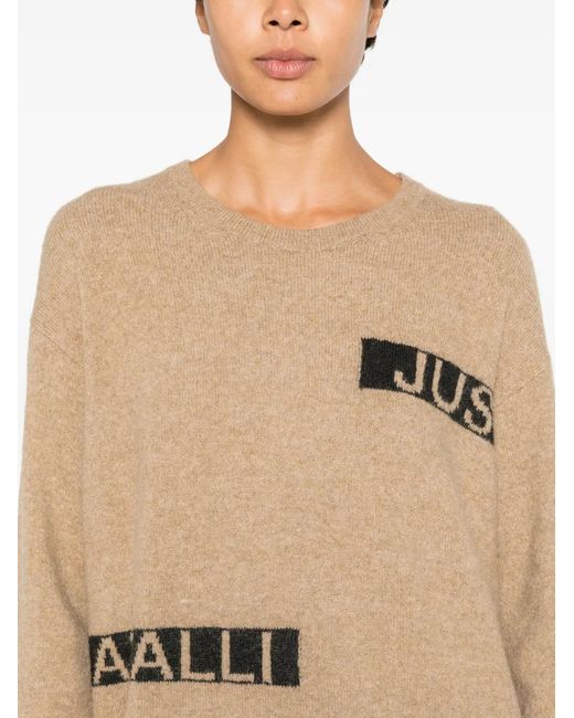 Just Cavalli Natural Logo-Intarsia Knitted Mini Dress