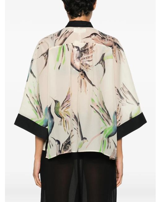 Psophia Natural Bird-Print Wide-Sleeve Shirt