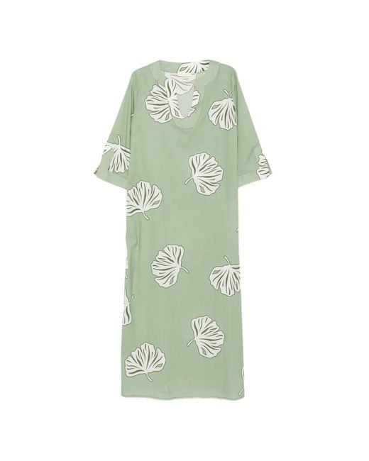 IU RITA MENNOIA Green Leaf-Print Long-Sleeve Cotton Maxi Dress