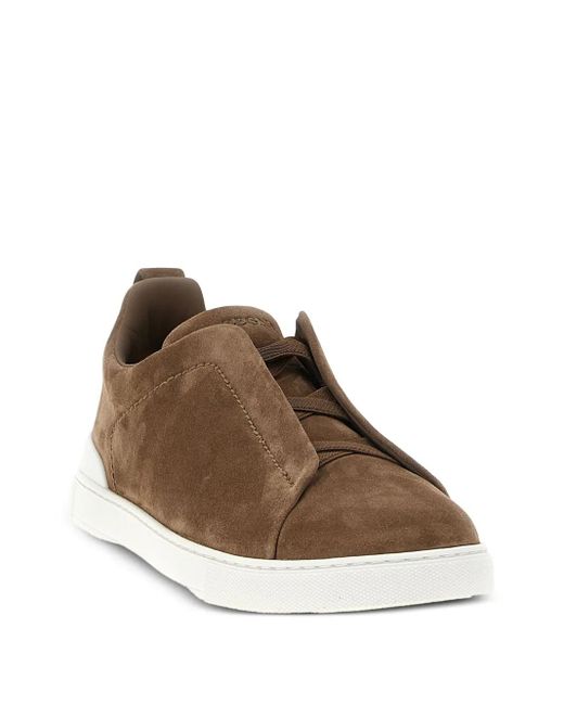 Zegna Brown Triple-Stitch Suede Sneakers for men
