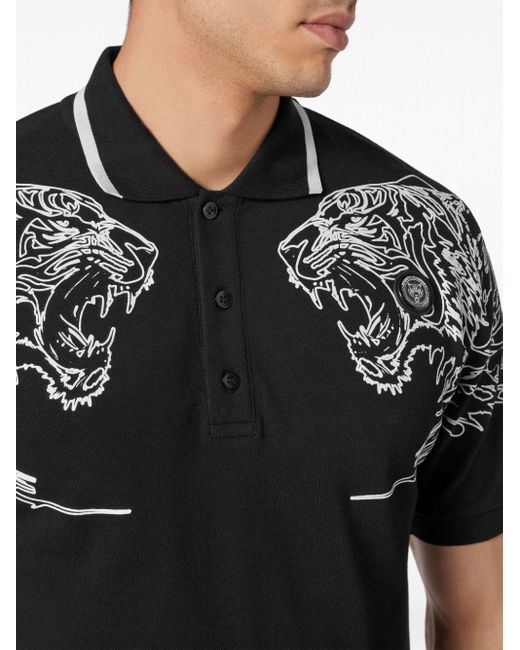 Philipp Plein Black Tiger-print Cotton Polo Shirt for men
