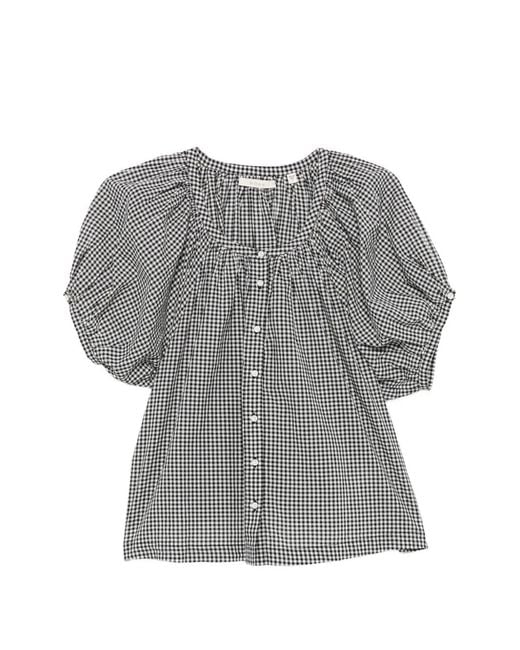 Doen Gray June Gingham-Check Puff-Sleeve Top
