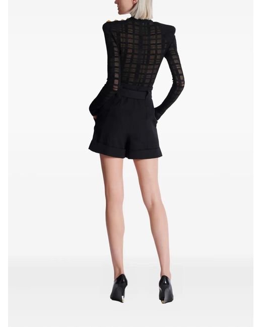 Balmain Black Button Plaid-Pattern Bodysuit