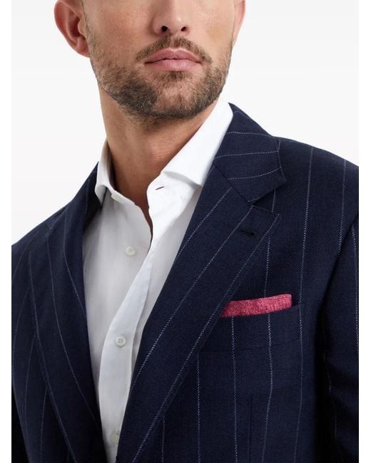 Brunello Cucinelli Blue Cotton And Wool Pinstriped Blazer for men