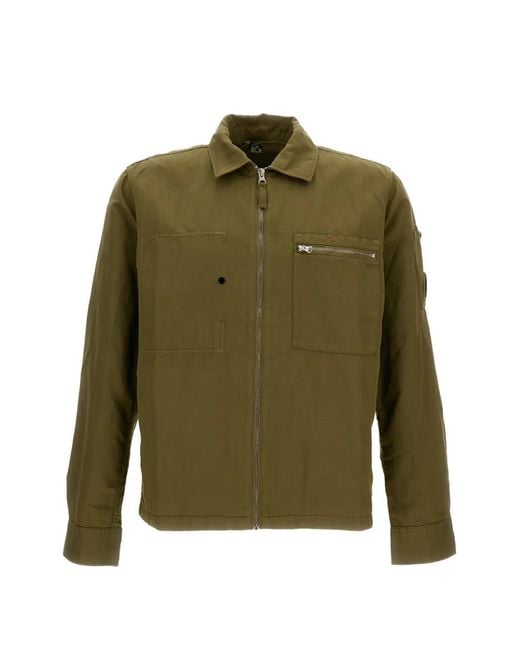 C P Company Green Cotton Linen Lens Zip Overshirt for men