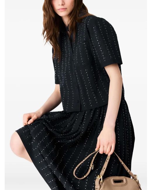 Maje Blue Cropped Rhinestone Cotton Shirt