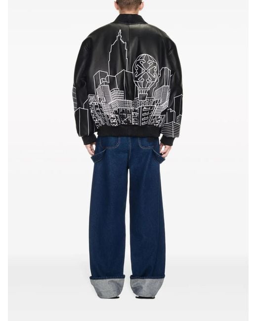 Off-White c/o Virgil Abloh Black Skyline Leather Bomber Jacket for men
