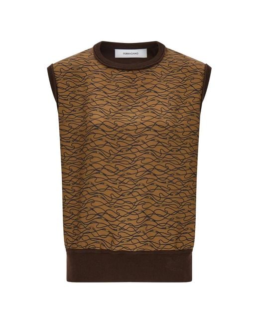 Ferragamo Brown Knitted Top With Silk Panel Detail