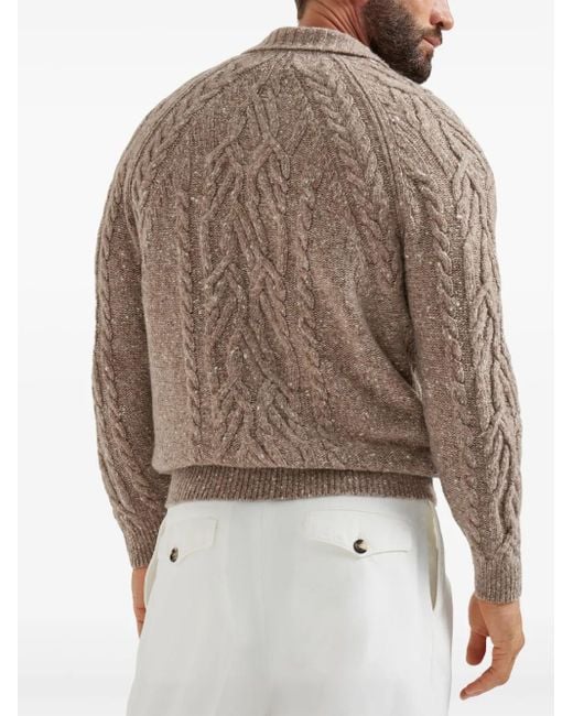 Brunello Cucinelli Brown Cable-Knit Polo Sweater for men